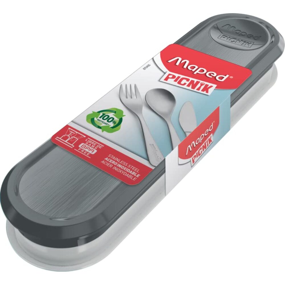 Maped Picnik Set de Couverts Portable pour Adultes – Acier Inoxydable, 4 Pièces, Compatible Lave-Vaisselle, Boîte Grise Compacte, pour Voyage & Bureau