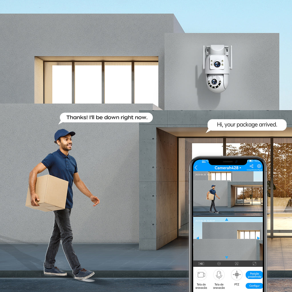 JOOAN Caméra de sécurité extérieure HD 2K à double objectif, Double Wi-Fi 5 GHz 2,4 GHz filaire, Rotation PTZ, Audio bidirectionnel, Alarme sonore et lumineuse, Suivi automatique