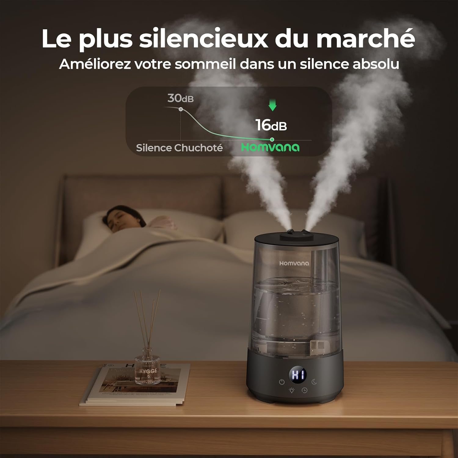Homvana Humidificateur H101 3,6 L Noir - Remplissage par le haut, Pulvérisation silencieuse, Autonomie 34 h, Silencieux 16 dB, Diffuseur d'arômes et veilleuse