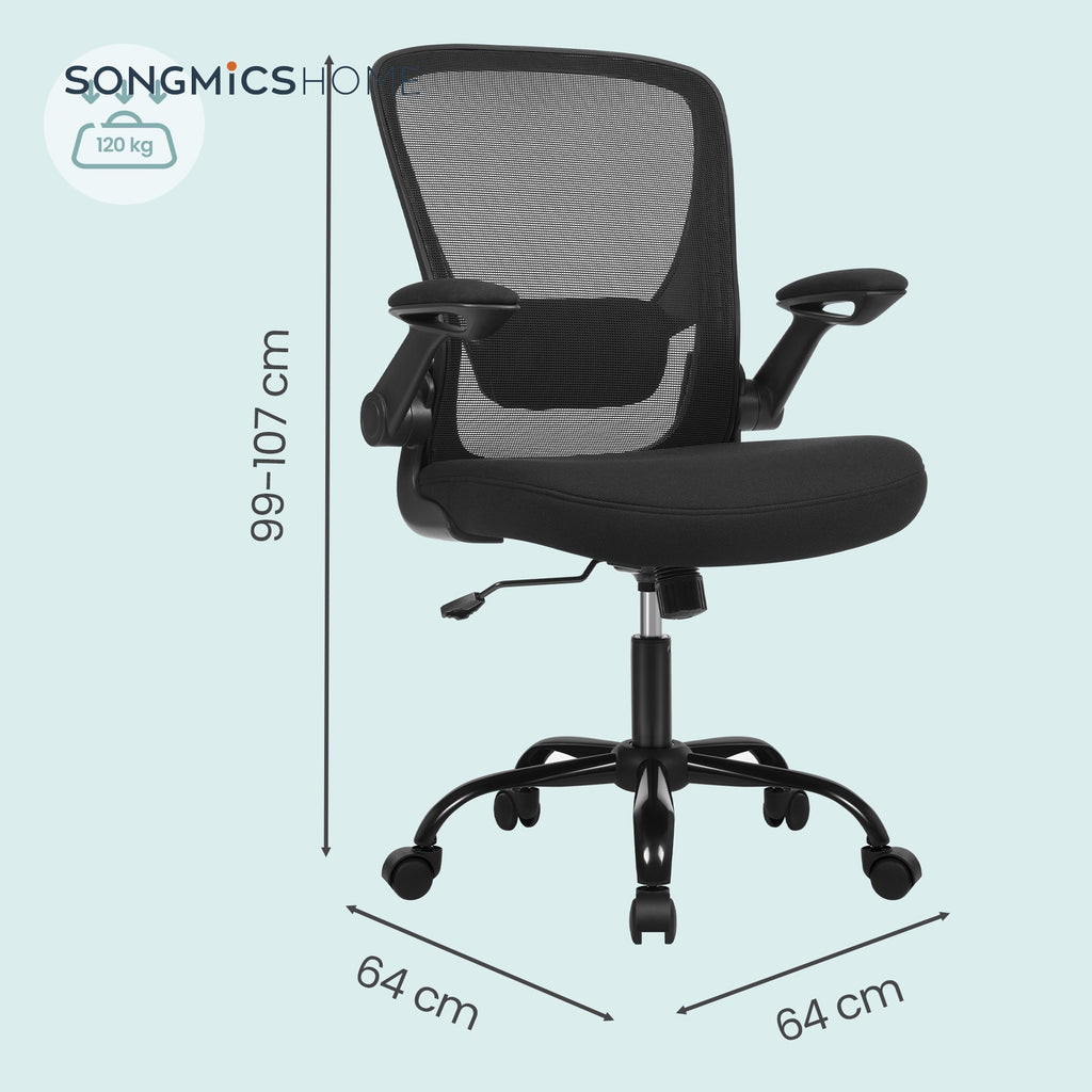 JOYFURNOS Fauteuil ergonomique en tissu noir d’encre – 60×64×（103-110）cm, soutien lombaire rembourré, accoudoirs relevables, mécanisme à bascule – idéal pour le bureau à domicile