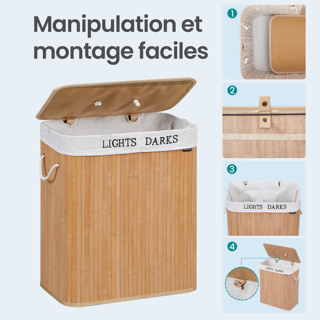 JOYFURNOS Panier à linge en bambou naturel avec 2 compartiments, 100 litres, pliable avec sac amovible, 52 x 63 x 32 cm