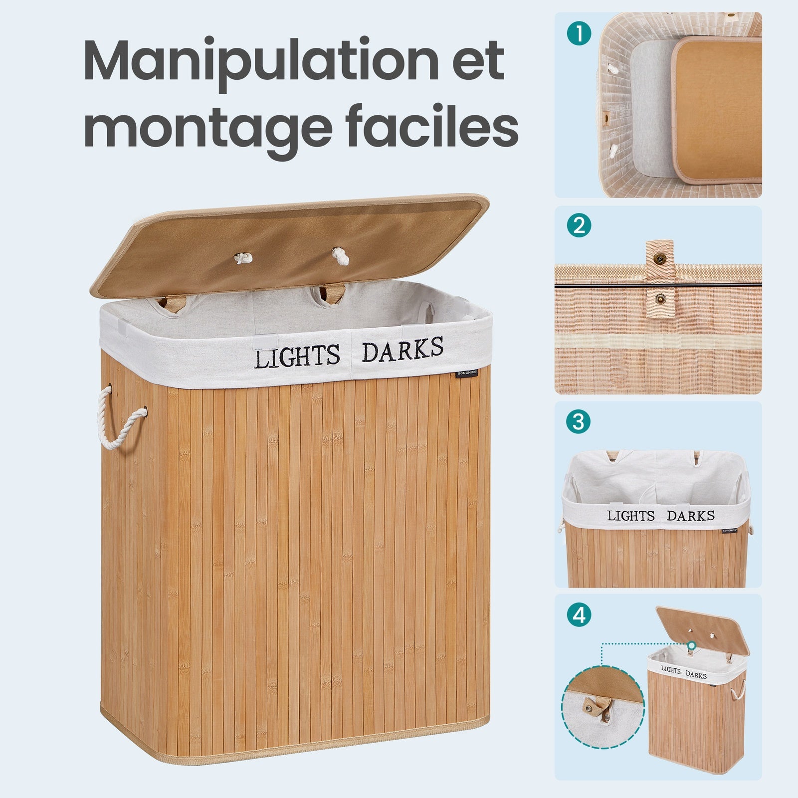JOYFURNOS Panier à linge en bambou naturel avec 2 compartiments, 100 litres, pliable avec sac amovible, 52 x 63 x 32 cm