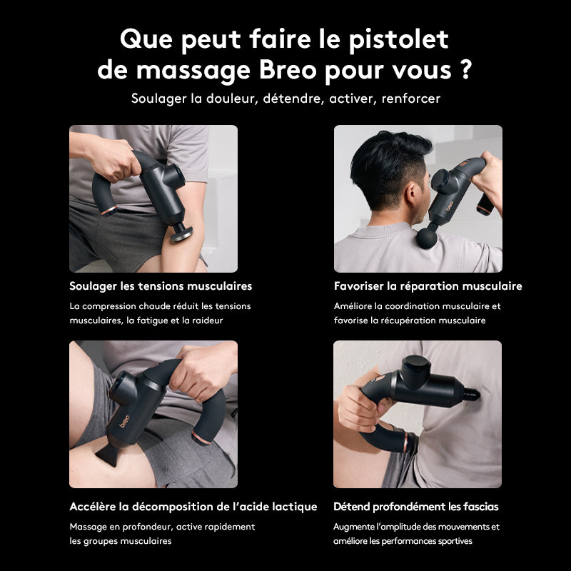 breo Sport-M0500 Pistolet de massage chauffant, appareil de massage à percussion des tissus profonds pour récupération musculaire, conception ergonomique, recharge USB-C