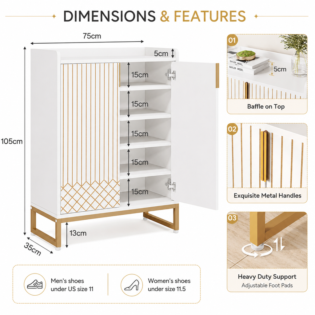 LANTINE Meuble à chaussures en bois avec portes et 5 niveaux pour 25 paires - Blanc