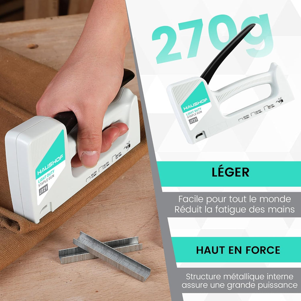 HAUSHOF Pistolet agrafeuse type 53 en plastique ABS avec extracteur d'agrafes et 800 agrafes de 8 mm pour bois, tissu, meubles et tapisserie