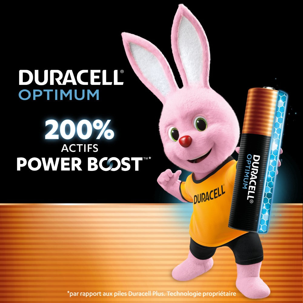 DURACELL Optimum Lot de 4 piles AA alcalines 1,5 V, +200 % d’actifs Power Boost*, répondent aux exigences des appareils modernes, 100 % recyclables, emballage 0 % de plastique – LR6 MX1500
