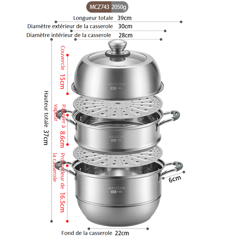 Maxcook cuiseur vapeur à 3 niveaux, cuiseur vapeur en acier inoxydable 304 de 28 cm avec couvercle en verre, cuiseur vapeur multicouche avec poignées en silicone anti-brûlure, compatible avec induction, cuisinière à gaz MCZ743