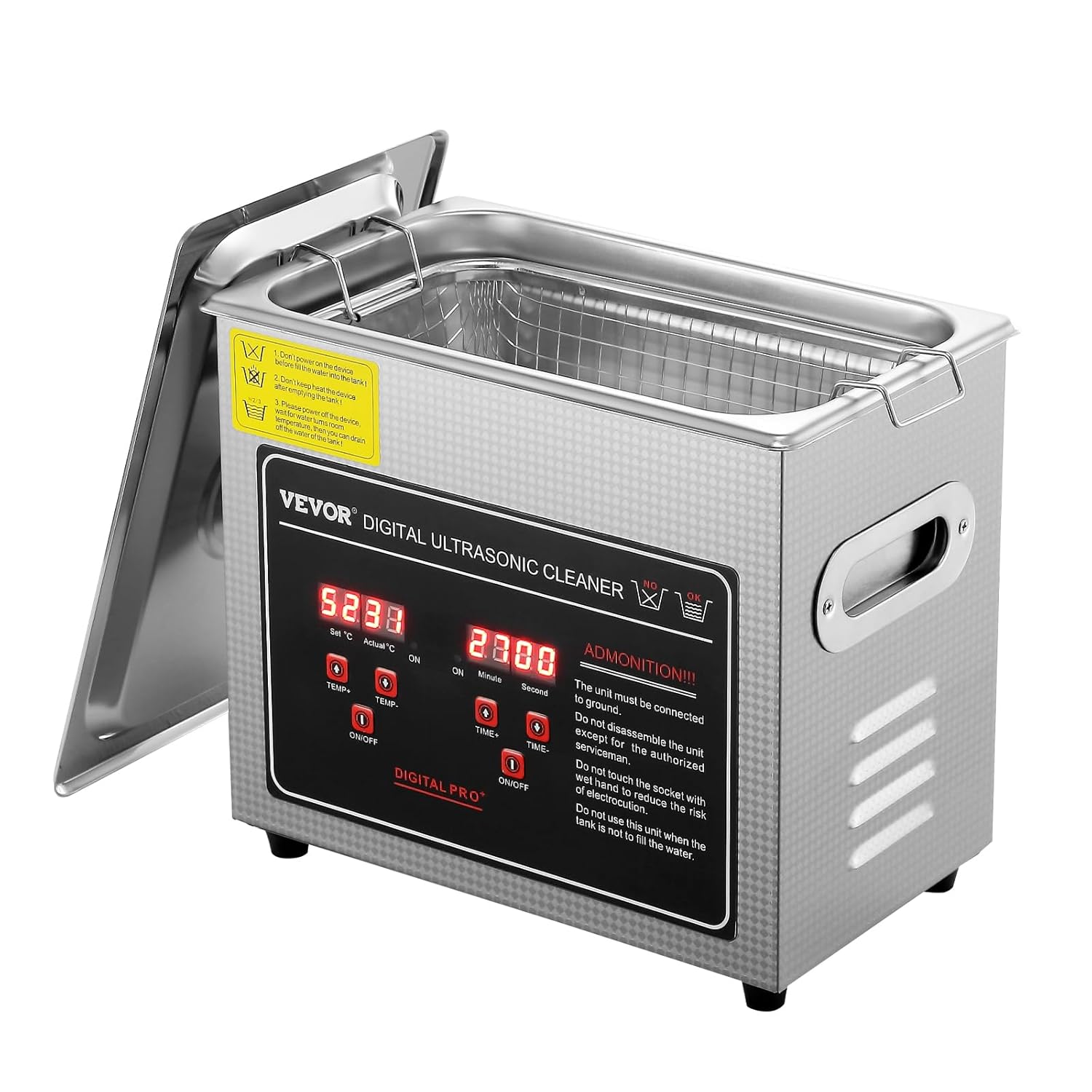 VEVOR Nettoyeur ultrasonique numérique 3 L avec écran LED, prise EU 220 V, machine de nettoyage en acier inoxydable pour bijoux, lunettes et outils