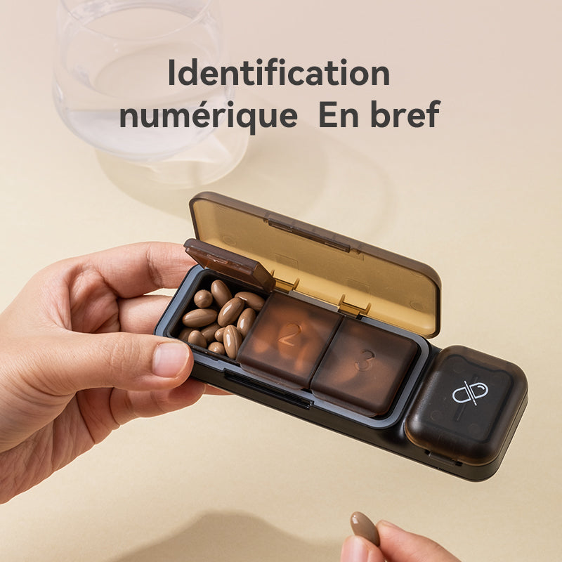 JORDAN&JUDY Petit organiseur de pilules, boîte de rangement portable mini pour pilules quotidiennes avec coupeur de comprimés, 1 pièce, marron