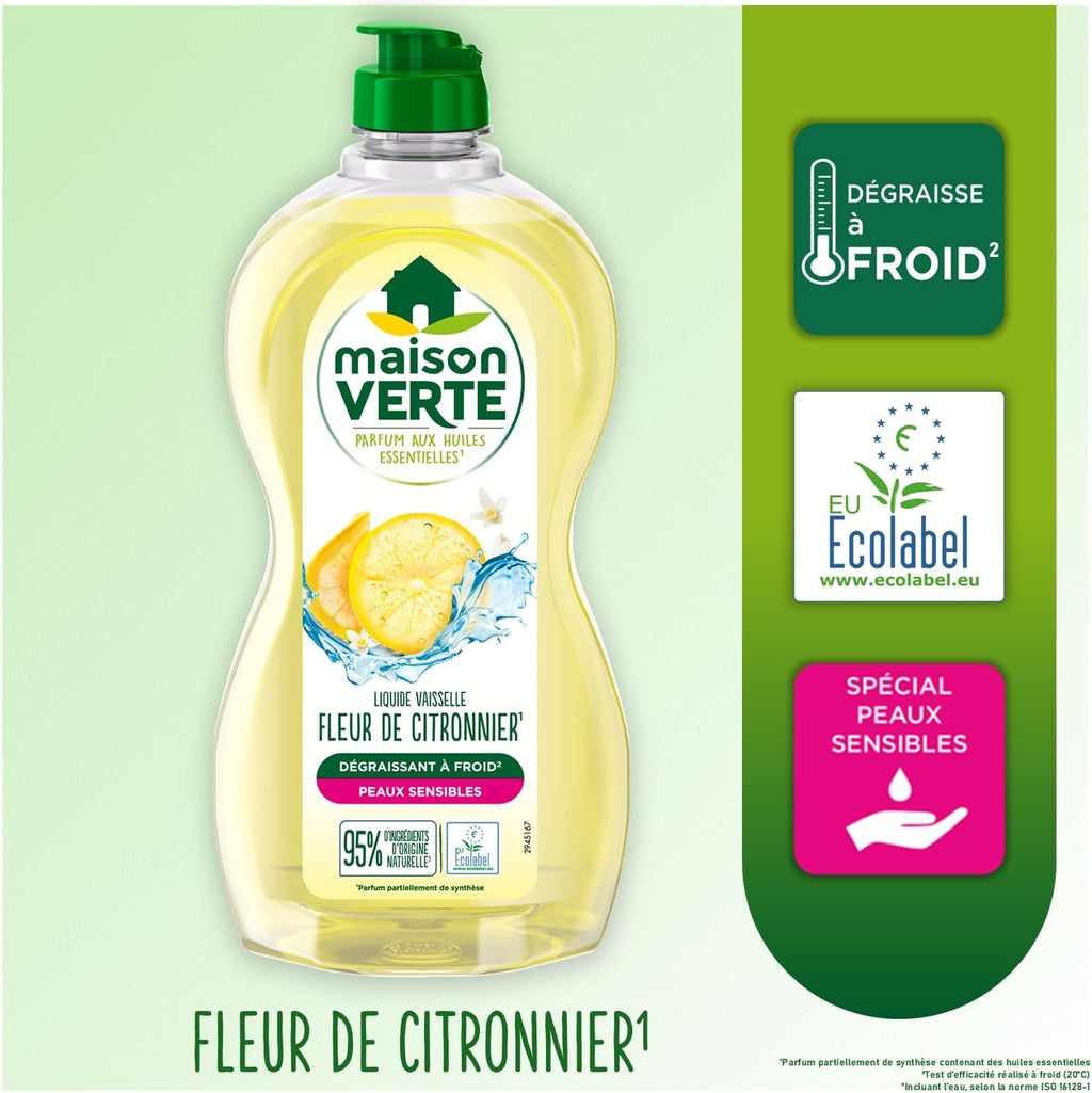 Maison Verte Liquide Vaisselle, Formule Dégraissante à Froid pour Peaux Sensibles, Certifié Écolabel, Fleur de Citronnier, 500 ml