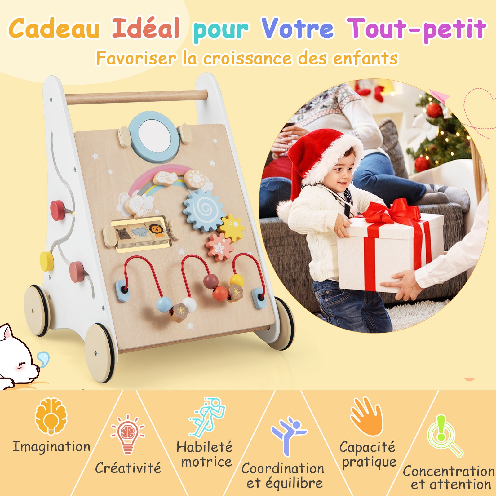 Costway Trotteur bébé en bois avec centre d'activités multiples pour plus de 1 an - Blanc