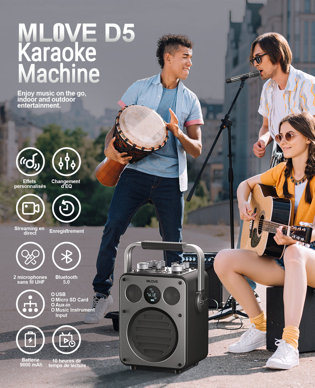 mlove Rangers D5 Machine à karaoké professionnelle 200 W avec 2 microphones sans fil, Bluetooth, Noir