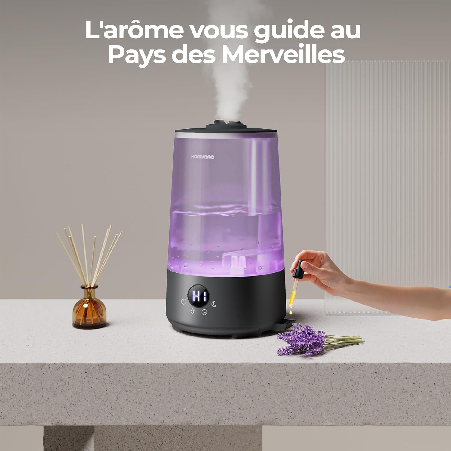 Homvana Humidificateur H101 3,6 L Noir - Remplissage par le haut, Pulvérisation silencieuse, Autonomie 34 h, Silencieux 16 dB, Diffuseur d'arômes et veilleuse