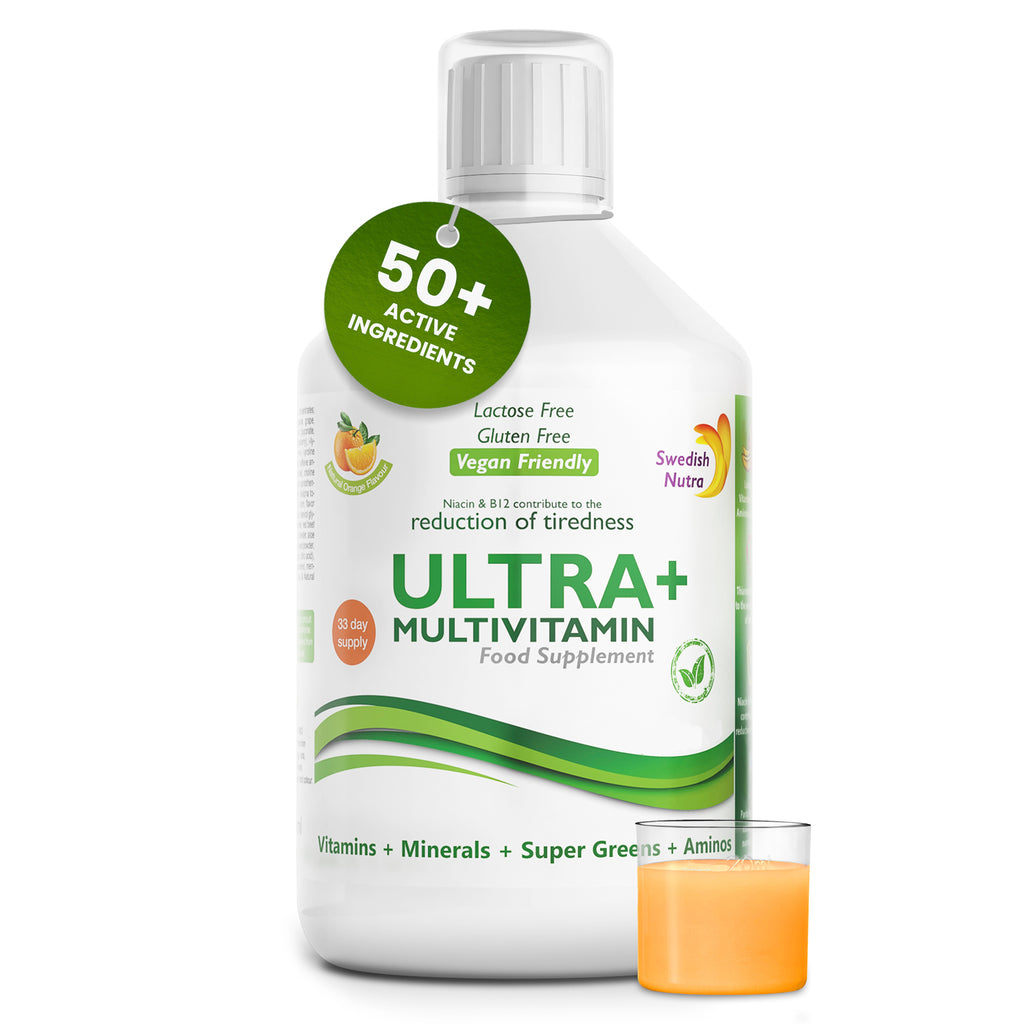 Swedish Nutra Ultra+ Multivitamines Liquide Complément Alimentaire - 500 ml, 33 Jours d'Approvisionnement | Vitamines, Minéraux, Super Greens & Aminos | Boost Énergie, Bien-être & Système Immunitaire | Arôme Orange | Pour Hommes & Femmes