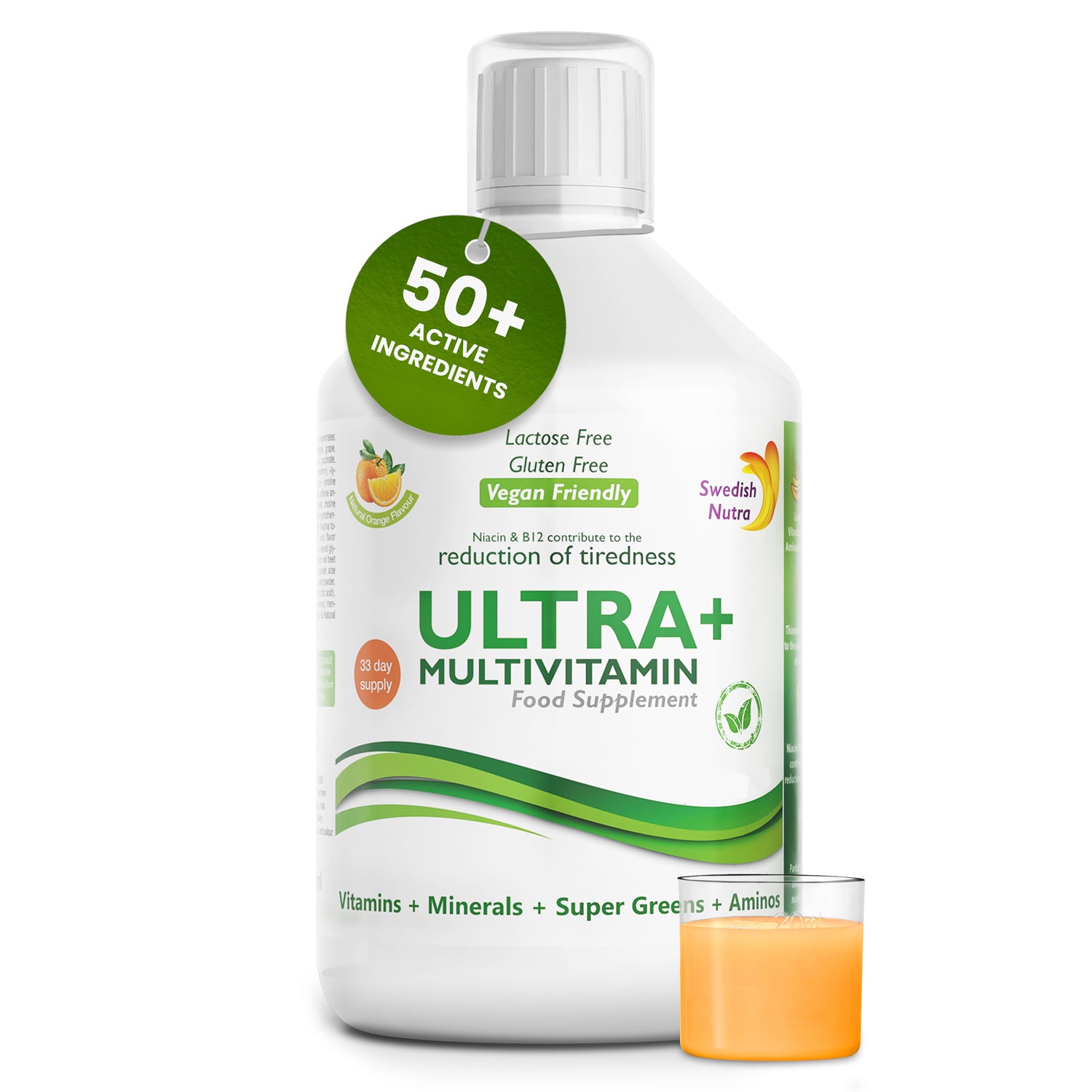 Swedish Nutra Ultra+ Multivitamines Liquide Complément Alimentaire - 500 ml, 33 Jours d'Approvisionnement | Vitamines, Minéraux, Super Greens & Aminos | Boost Énergie, Bien-être & Système Immunitaire | Arôme Orange | Pour Hommes & Femmes