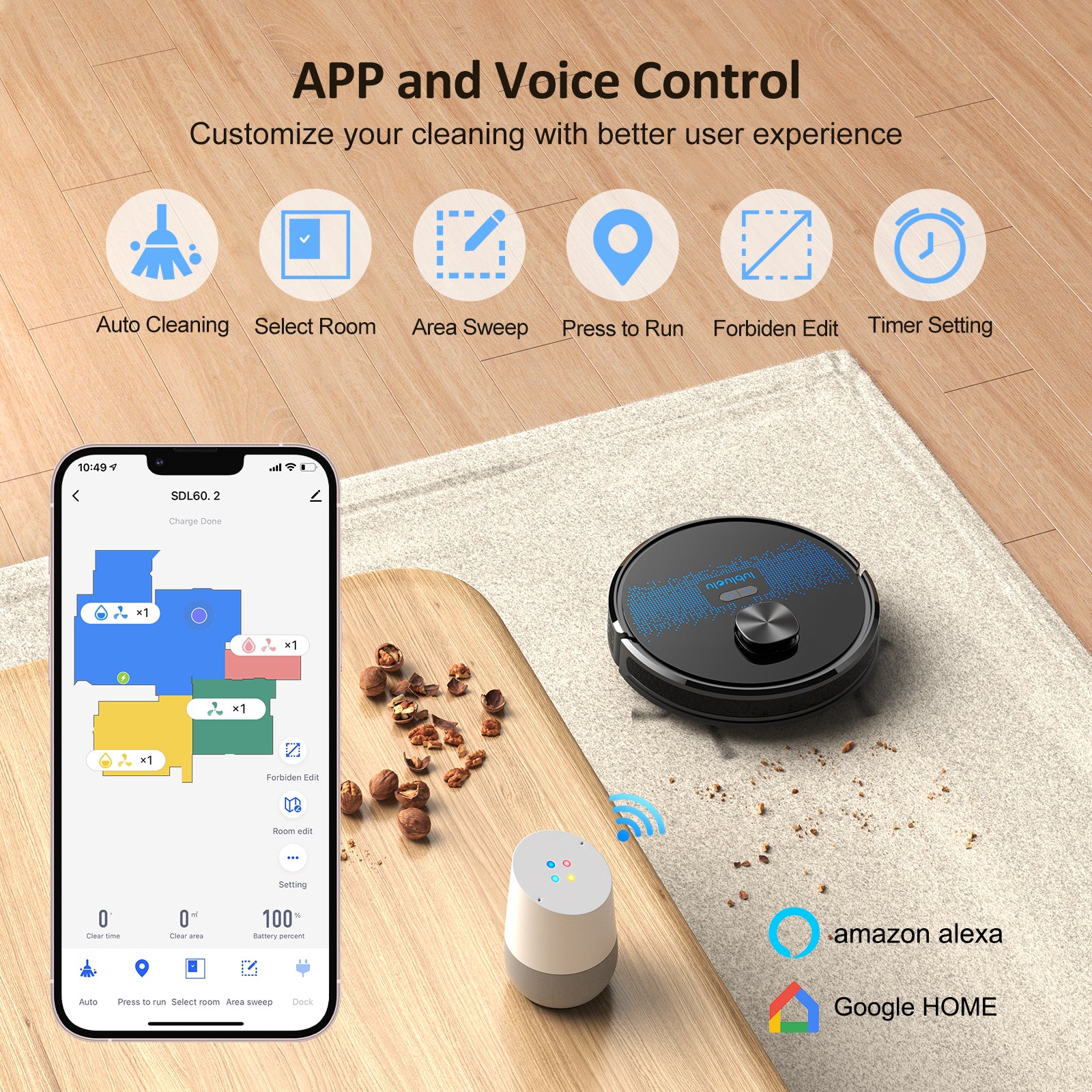 Lubluelu SL60D Aspirateur Robot Laveur, 2 en 1, Aspiration 4000 Pa, Navigation Laser avec 5 Cartes, Faible Bruit 55 dB, Contrôlé par Application, Pour Poils d'Animaux, Tapis, Sols Durs