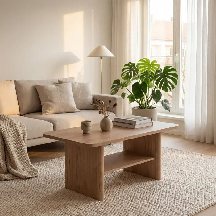Finori Genf 55B Table basse – 1 étagère ouverte, bords arrondis, finition effet bois – L. 90 cm x H. 42 cm x P. 56 cm