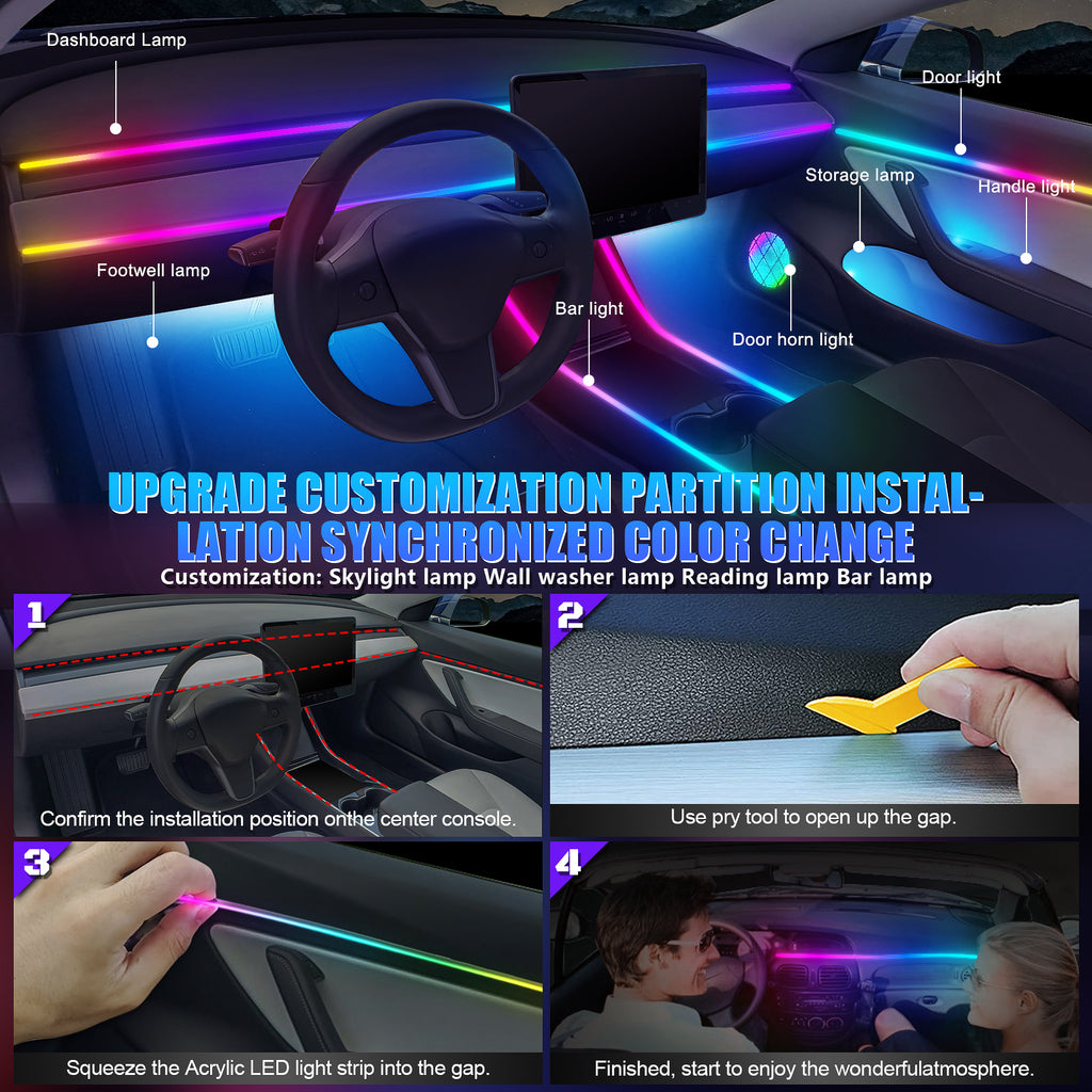 Dream+color Kit d'éclairage 593 LED pour intérieur de voiture en acrylique avec application sans fil, 22-en-1 - 444,5 cm