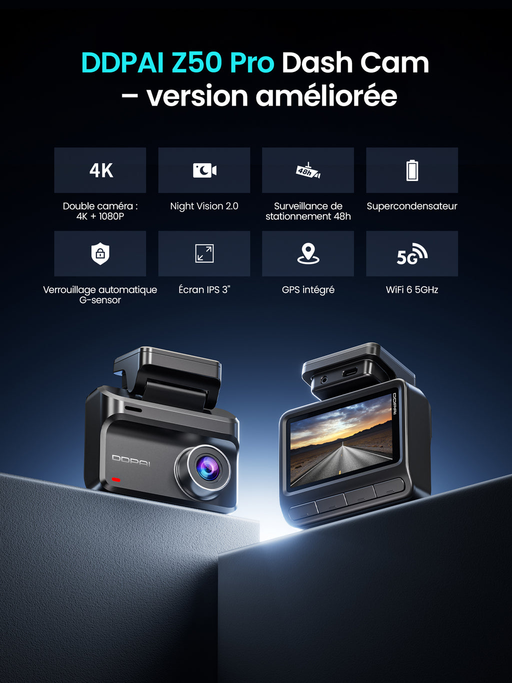 Caméra embarquée DDPAI Z50 Pro avant et arrière 4K+1080P, caméra de voiture, Wi-Fi 6 5G et GPS intégrés, écran 3", vision nocturne super, prise en charge ADAS