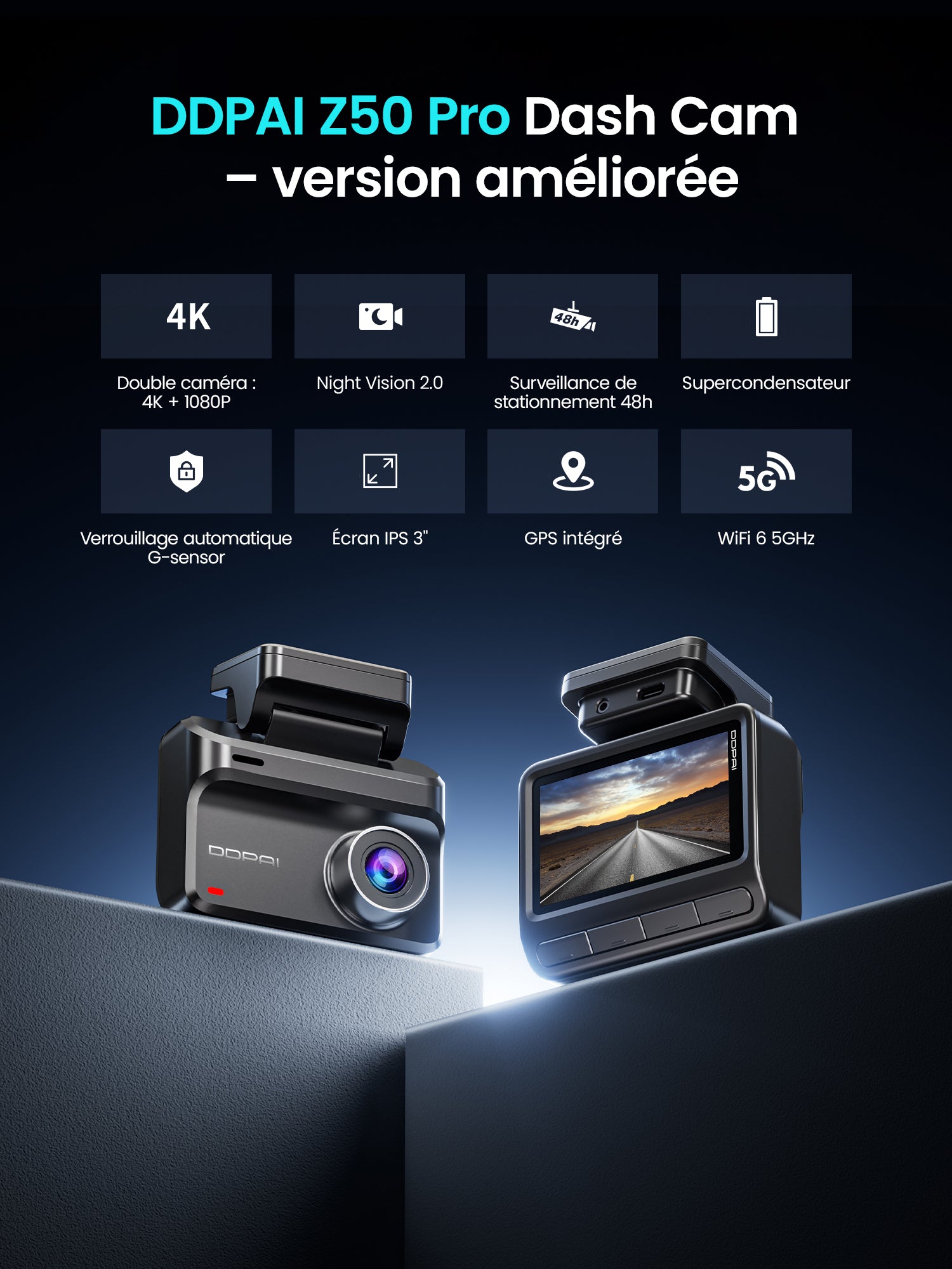 Caméra embarquée DDPAI Z50 Pro avant et arrière 4K+1080P, caméra de voiture, Wi-Fi 6 5G et GPS intégrés, écran 3", vision nocturne super, prise en charge ADAS