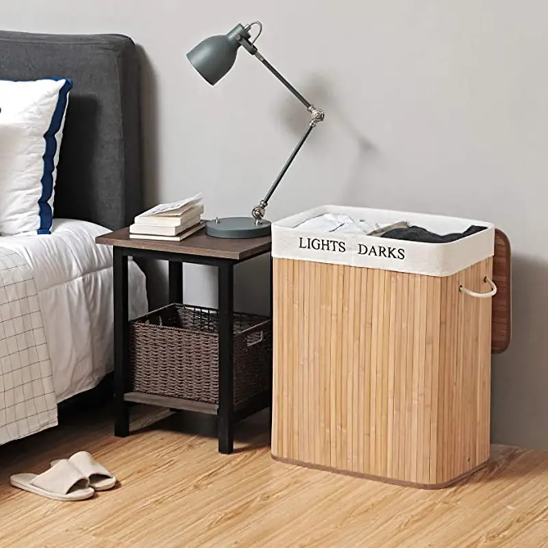 JOYFURNOS100L Panier à Linge Pliable en Bambou avec 2 Compartiments - 52 x 63 x 32 cm