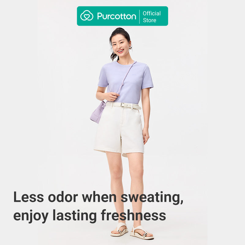 Purcotton T-shirt Femme Col Rond Antibactérien - Confortable & Doux Pour La Peau - Polyvalent & Basique - Commutation Quotidienne - Violet Brume - 160/84A