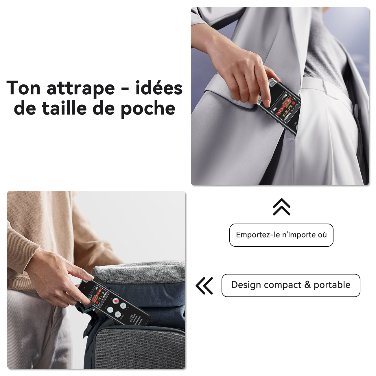 Rexsun Enregistreur vocal numérique portable 128 Go avec écran LCD, Réduction intelligente du bruit, ABS et alliage d’aluminium, Gris, L357
