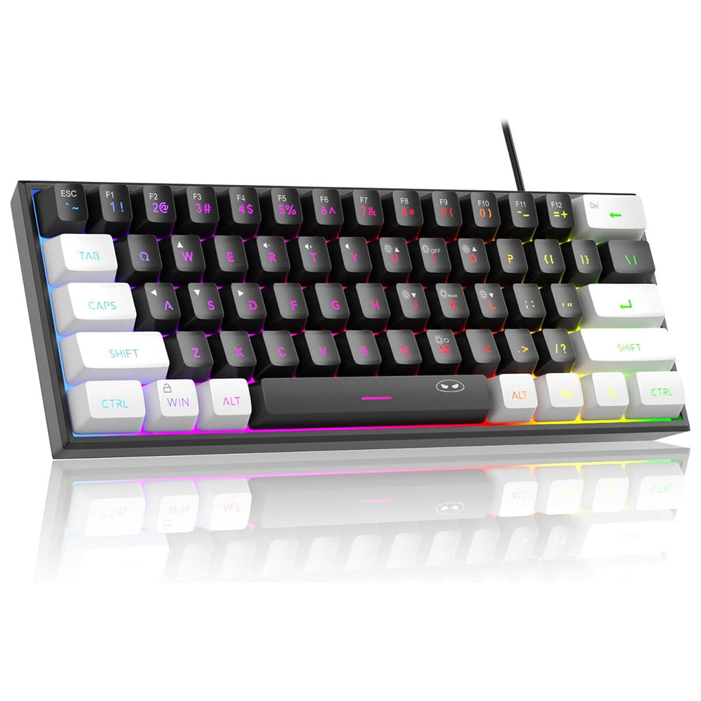 MageGee TS91 clavier de jeu filaire 60 %, disposition QWERTY US, rétroéclairage RGB, 61 touches, ultra-compact, TS91 ergonomique, étanche, à effet mécanique, pour PC, Mac, PS4, Xbox One, gamer (Blanc/Noir)