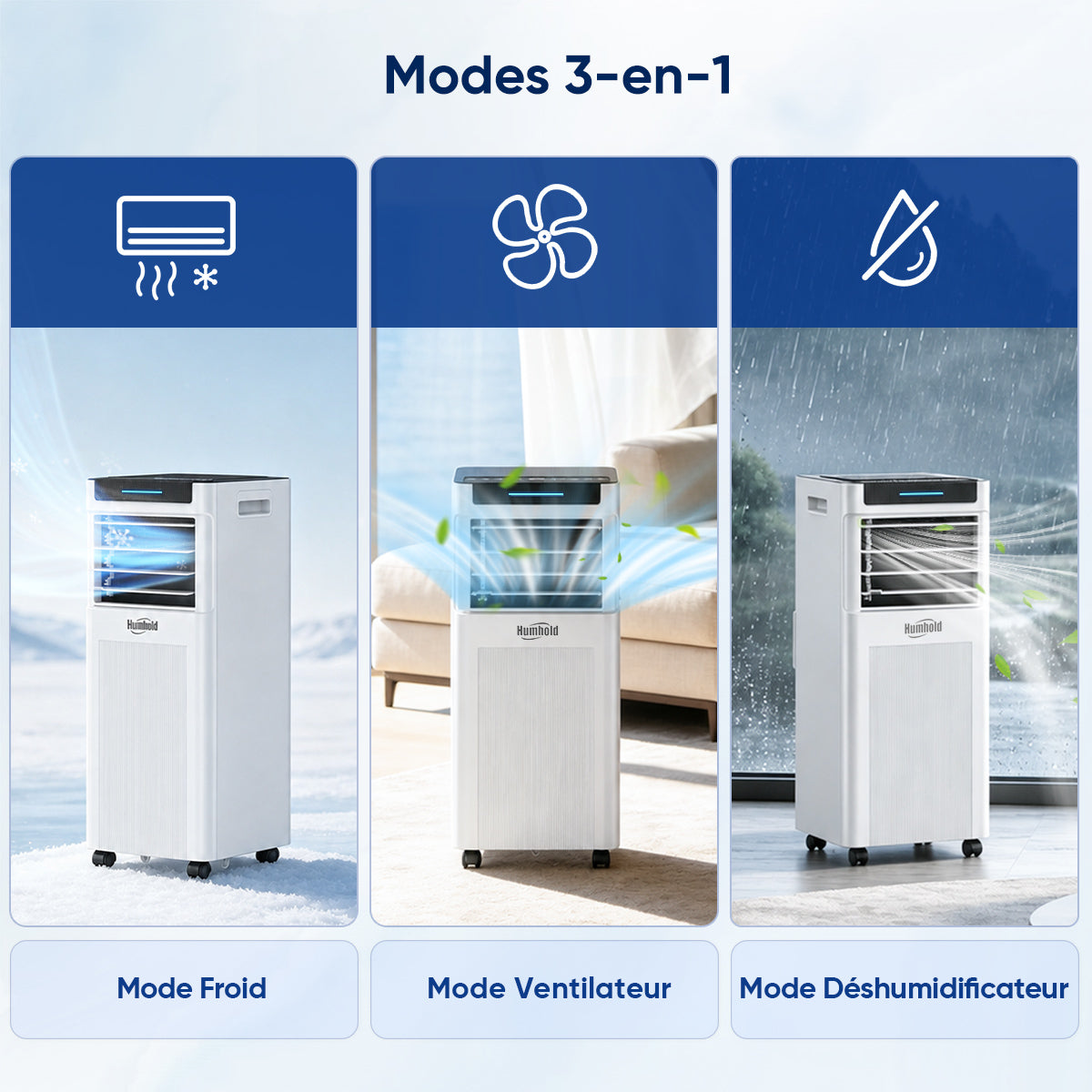 Humhold 7000 BTU climatiseur portable, unité de climatisation 3 en 1 de 2,0 kW avec modes refroidissement, déshumidification et ventilation, mode veille silencieux, minuterie de 24 heures, réfrigérant R290, kit fenêtre inclus