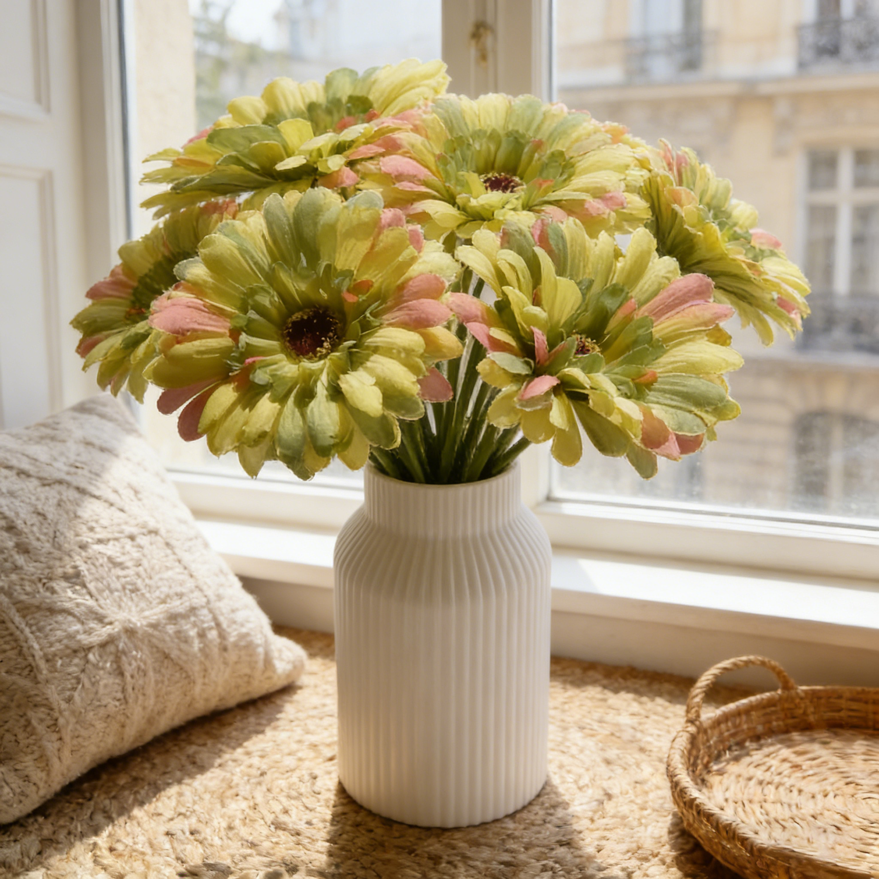 Yuejia 3 pièces 9,05 po / 23 cm Fleurs de gerbera en soie artificielle Mariage maison vérandas Décoration de table Fausses marguerites chrysanthèmes Fête Décoration de maison (vert)