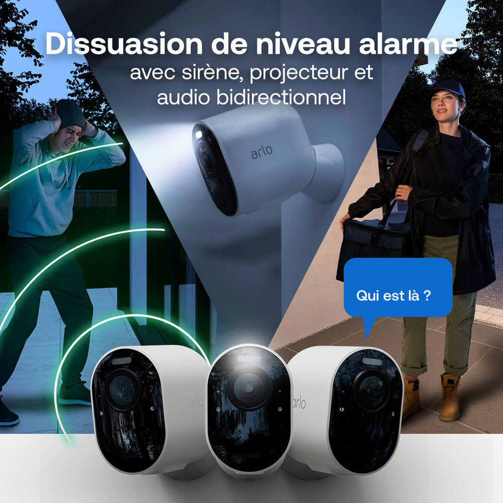 Arlo VMC5250-111EUS Caméra de Sécurité extérieure Ultra 3 4K WiFi sans Fil, Kit de 2 Caméras + Panneau Solaire et Smarthub, Détection par IA, Vision Nocturne Couleur, Compatible avec Alexa