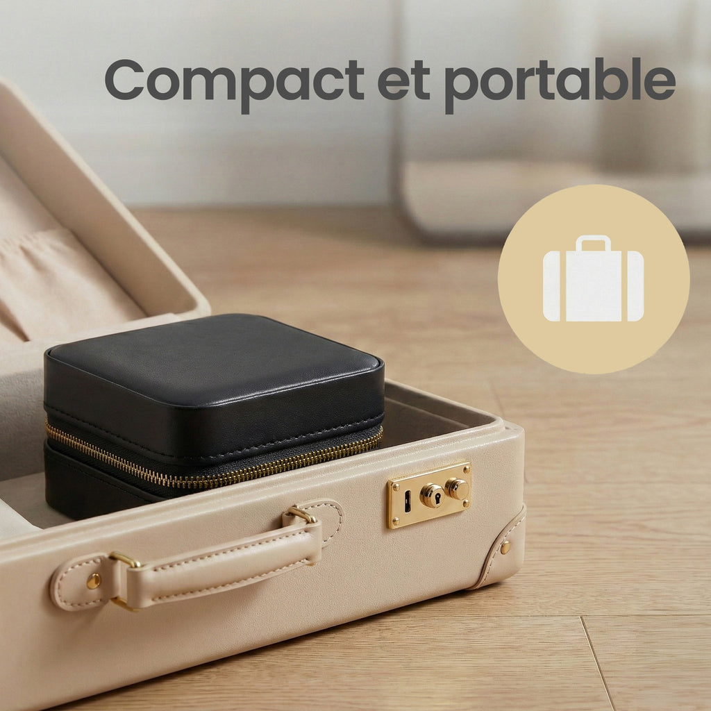 JOYFURNOS Boîte à Bijoux 11,4 x 11,4 x 5,5 cm avec Miroir Intérieur, en Cuir PU, Rangement à Bijoux pour Femme, Organiseur Compact et Portable, Idée Cadeau, Noir Encre
