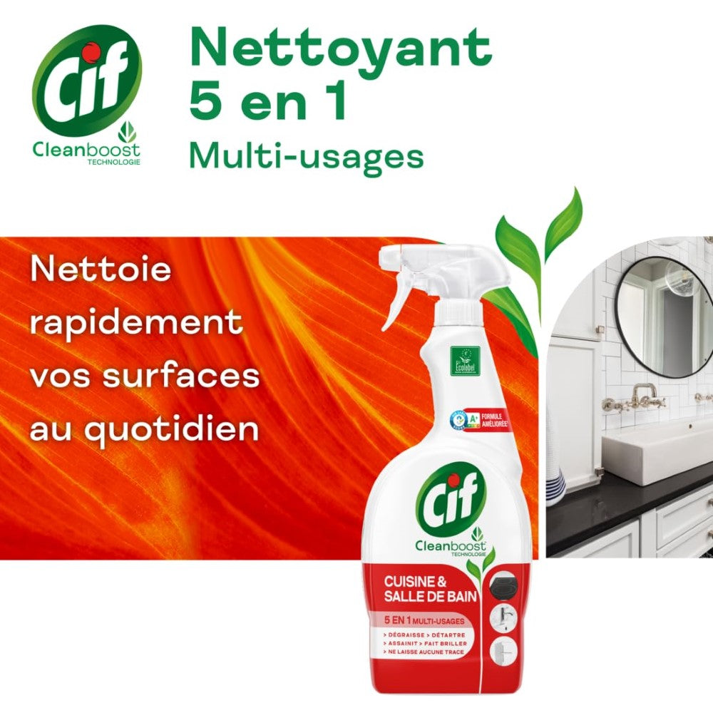Cif Spray Nettoyant Multi-Usages Cuisine et Salle de Bain 5 en 1, Dégraisse et Détartrage, Sans Traces, Certifié Écolabel, 750 ml