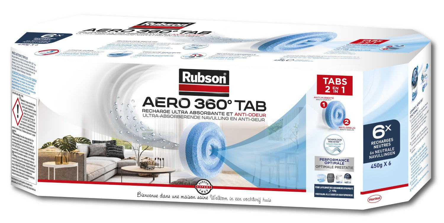 Rubson AERO 360° TAB, recharges en tabs neutres pour absorbeur d'humidité, ultra absorbantes et anti odeurs recharges pour déshumidificateurs AERO 360°, 6 x 450 g