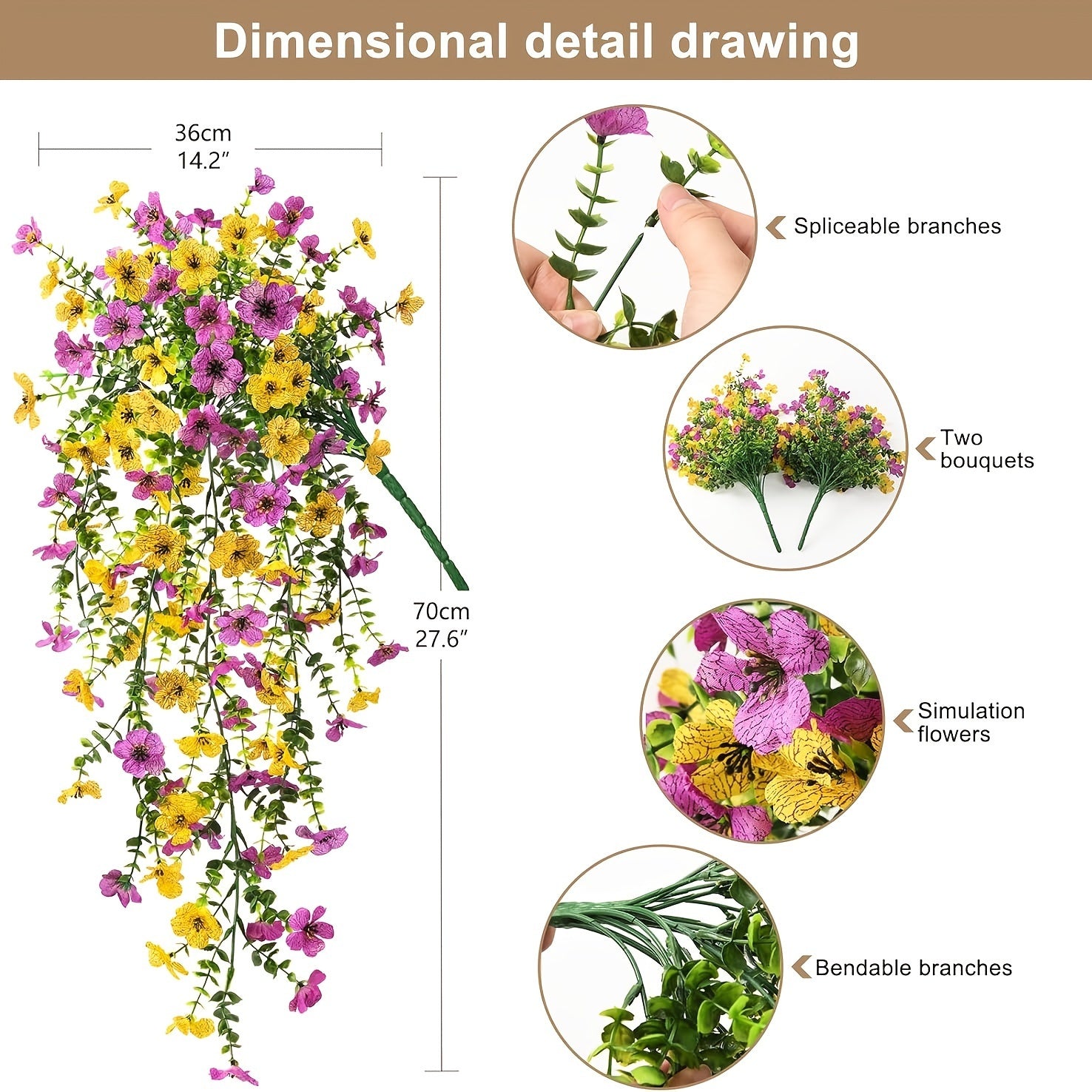 Yuejia 4 pièces 29,5 po/75 cm Fleurs et plantes artificielles suspendues pour décoration extérieure, Faux chrysanthèmes et violettes avec eucalyptus