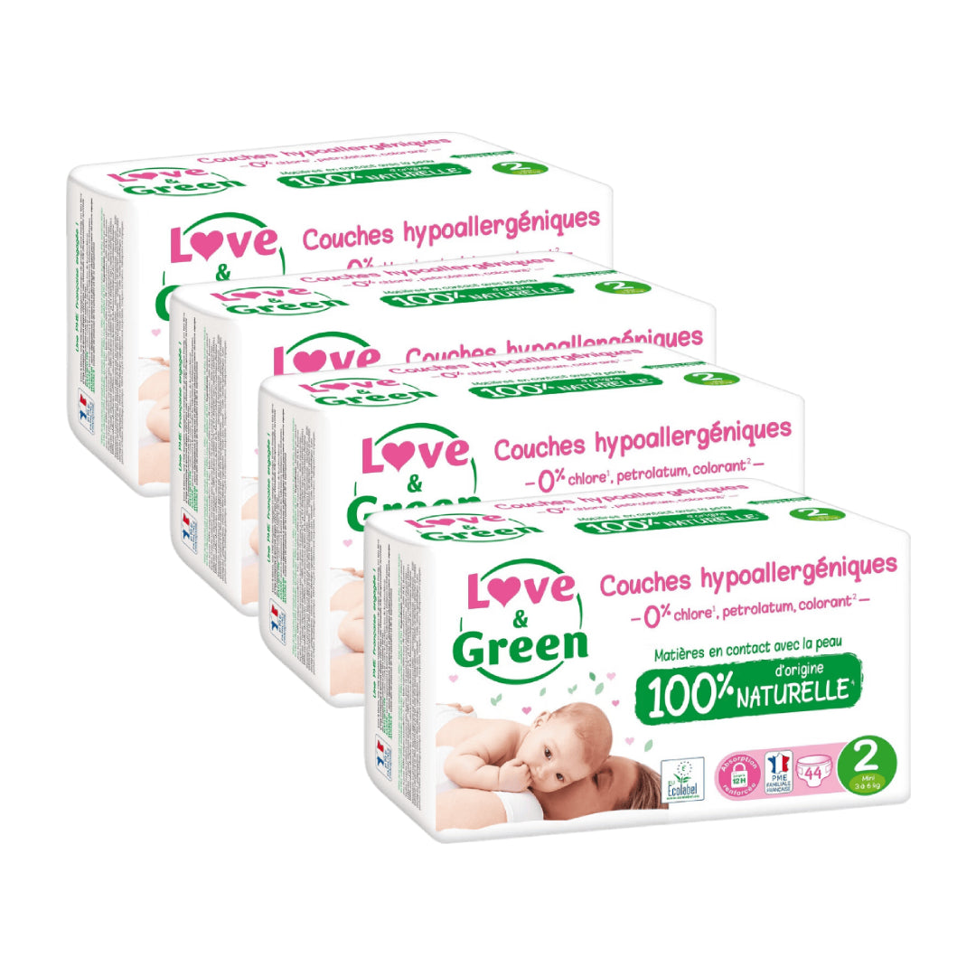 LOVE & GREEN Couches pour bébé Taille 2 3-6 kg Hypoallergéniques - Lot de 4 (176 couches au total)