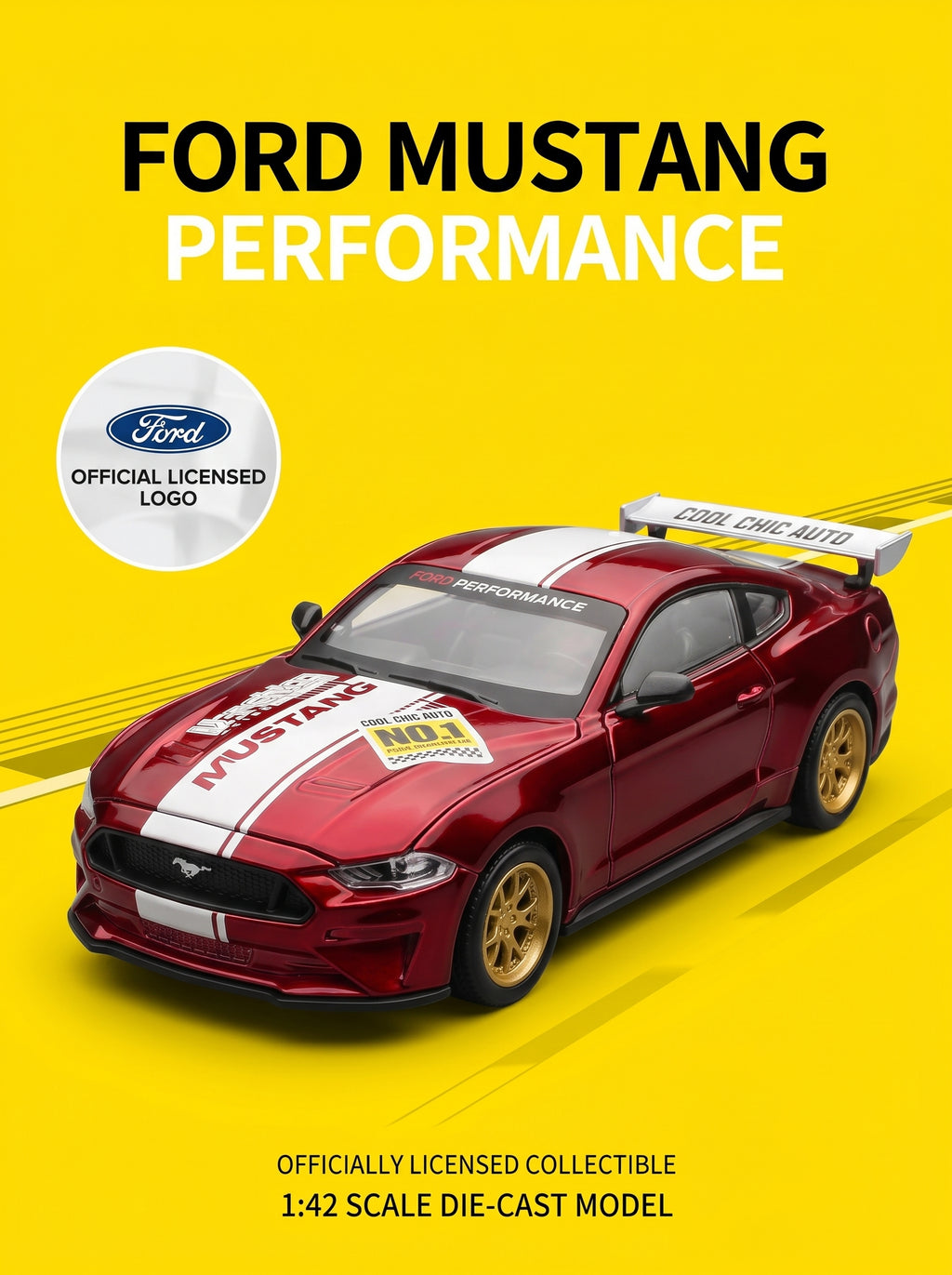 CCA1:42 2018 Ford Mustang GT Classic Red – Modèle de voiture à l’échelle 1:42, kit de montage DIY, portes ouvrantes et pièces interchangeables, modèle de collection et jouet d’exposition