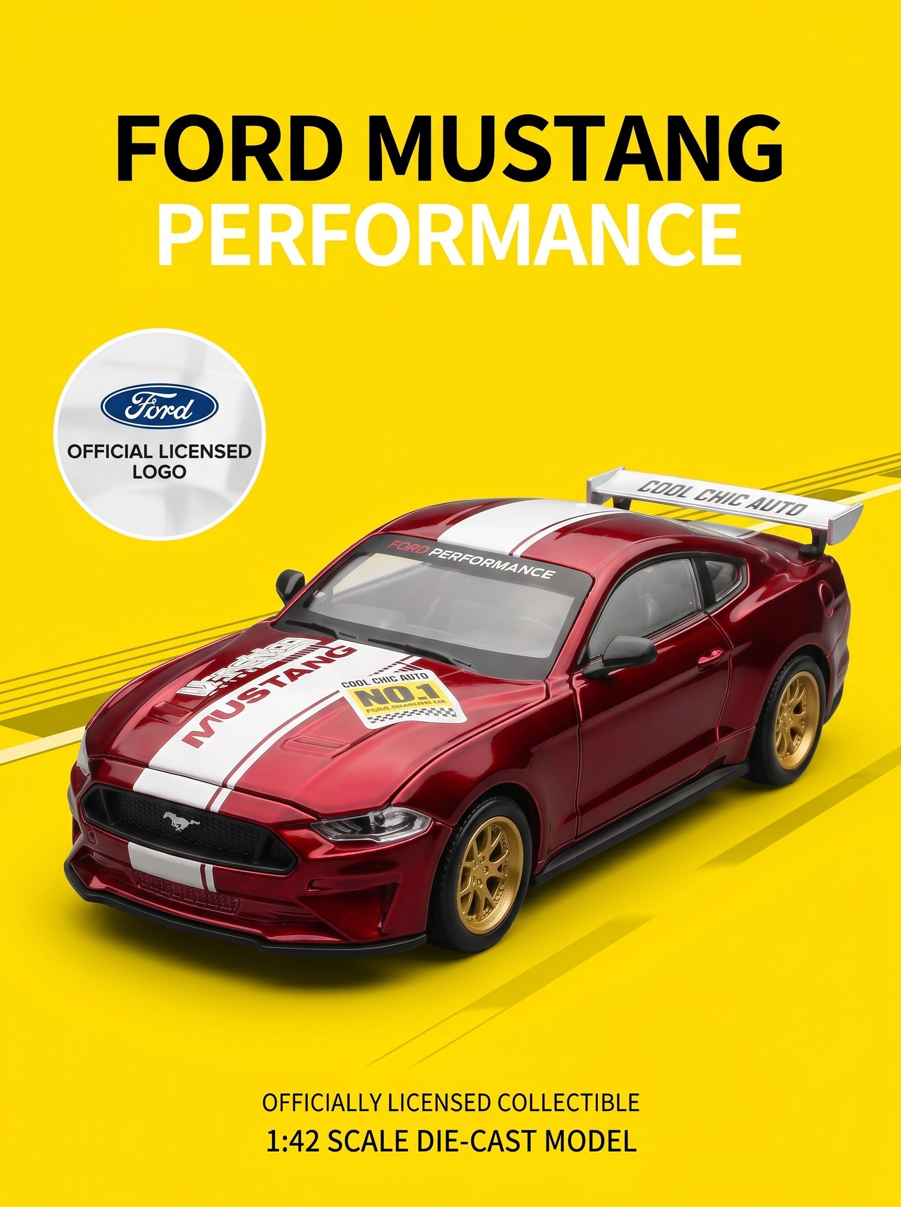 CCA1:42 2018 Ford Mustang GT Classic Red – Modèle de voiture à l’échelle 1:42, kit de montage DIY, portes ouvrantes et pièces interchangeables, modèle de collection et jouet d’exposition