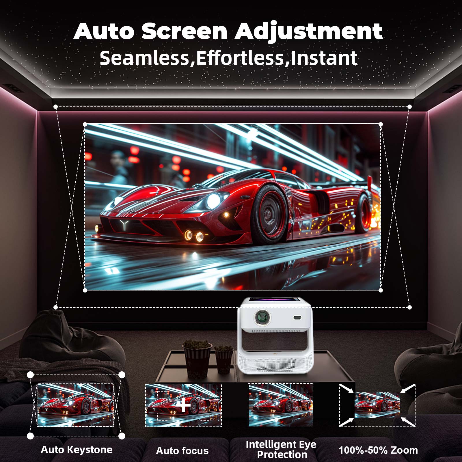 XBJ Projecteur d'extérieur avec tablette tactile, Écran géant de 300" pour projecteur intelligent de home cinéma, Supporte natif 1080P/4K, Avec système Android, 800 ANSI