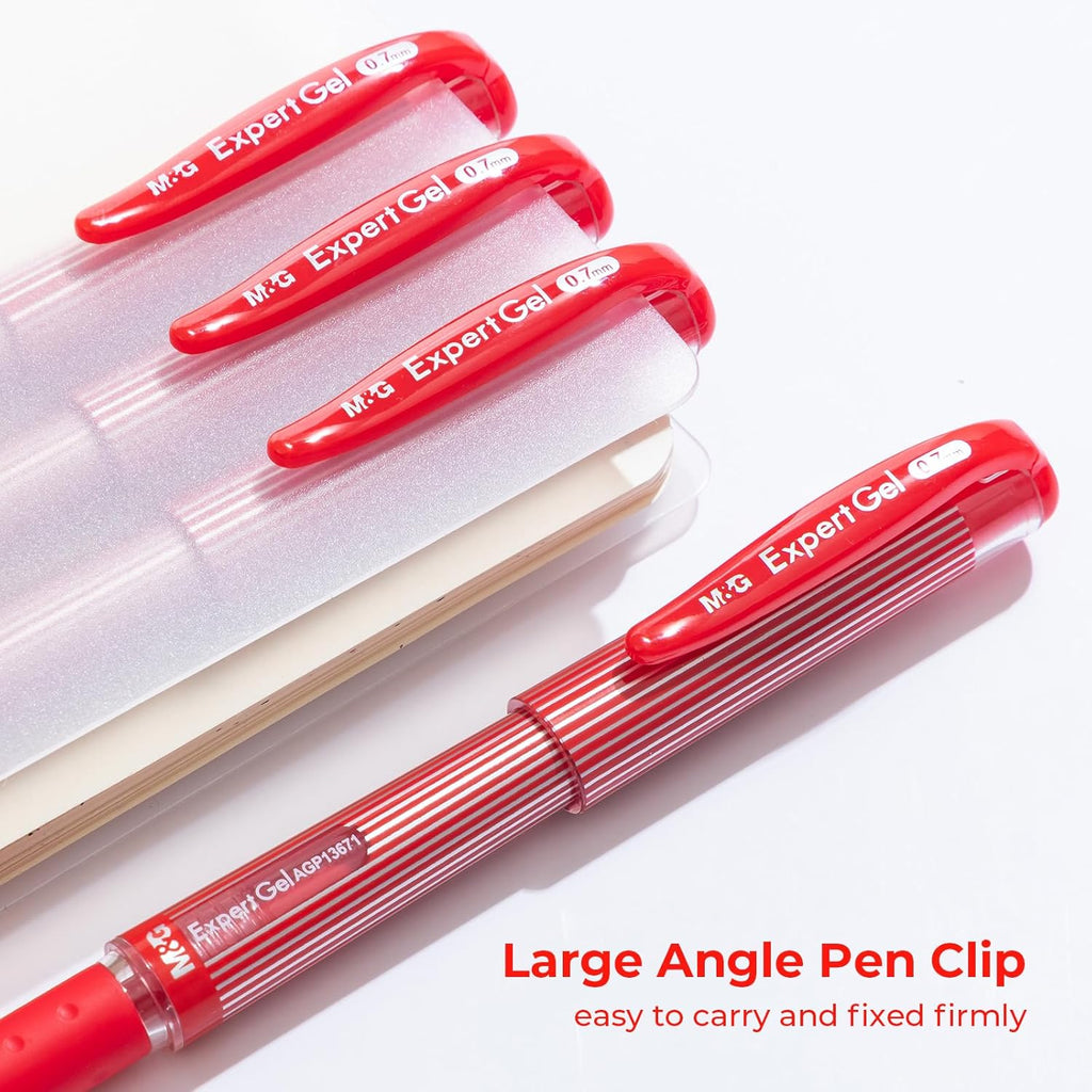 M&G ExpertGel Lot de 12 stylos gel, encre rouge, pointe moyenne 0,7 mm, séchage rapide, écriture fluide, grip antidérapant et capuchon pour bureau et école