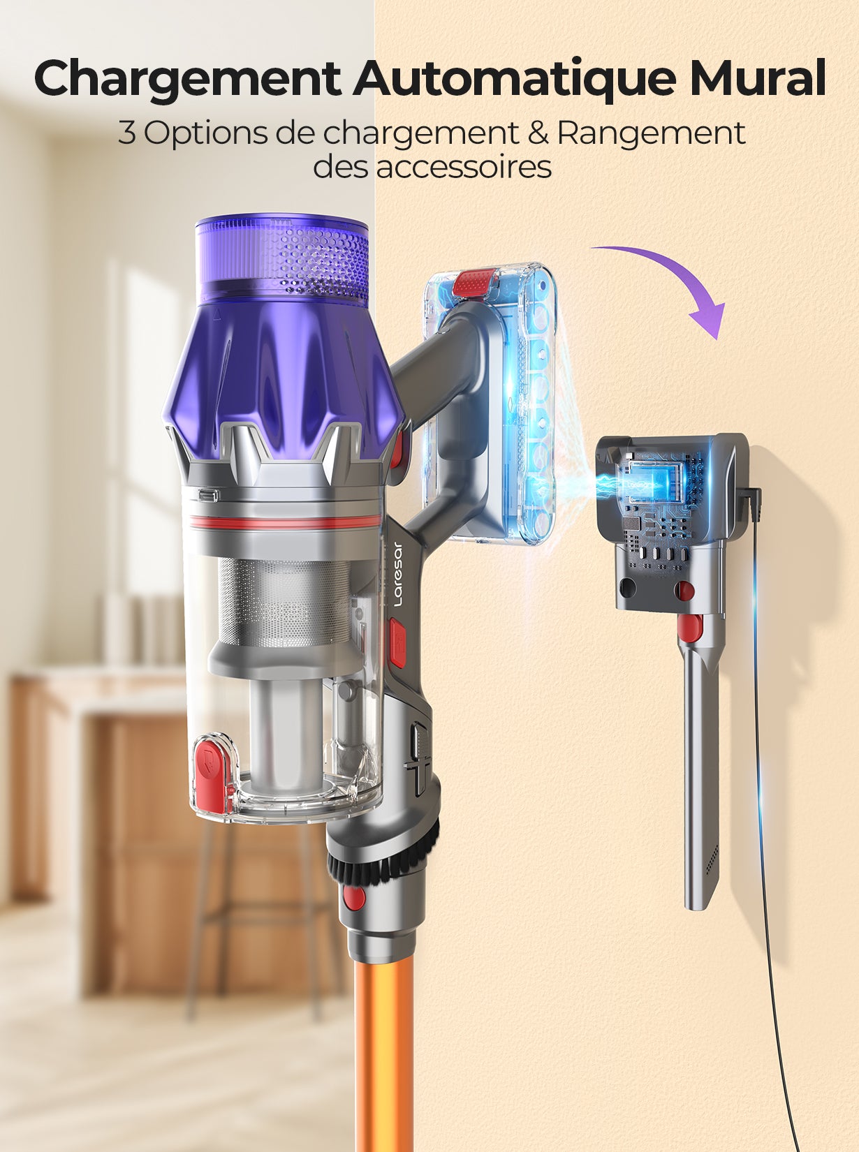 Laresar V7 Aspirateur sans fil, Aspirateur à main léger, Aspirateur balai puissant 50 kPa 500 W, Écran tactile, Autonomie de 60 min, Réglage à 3 vitesses, pour sols durs et tapis