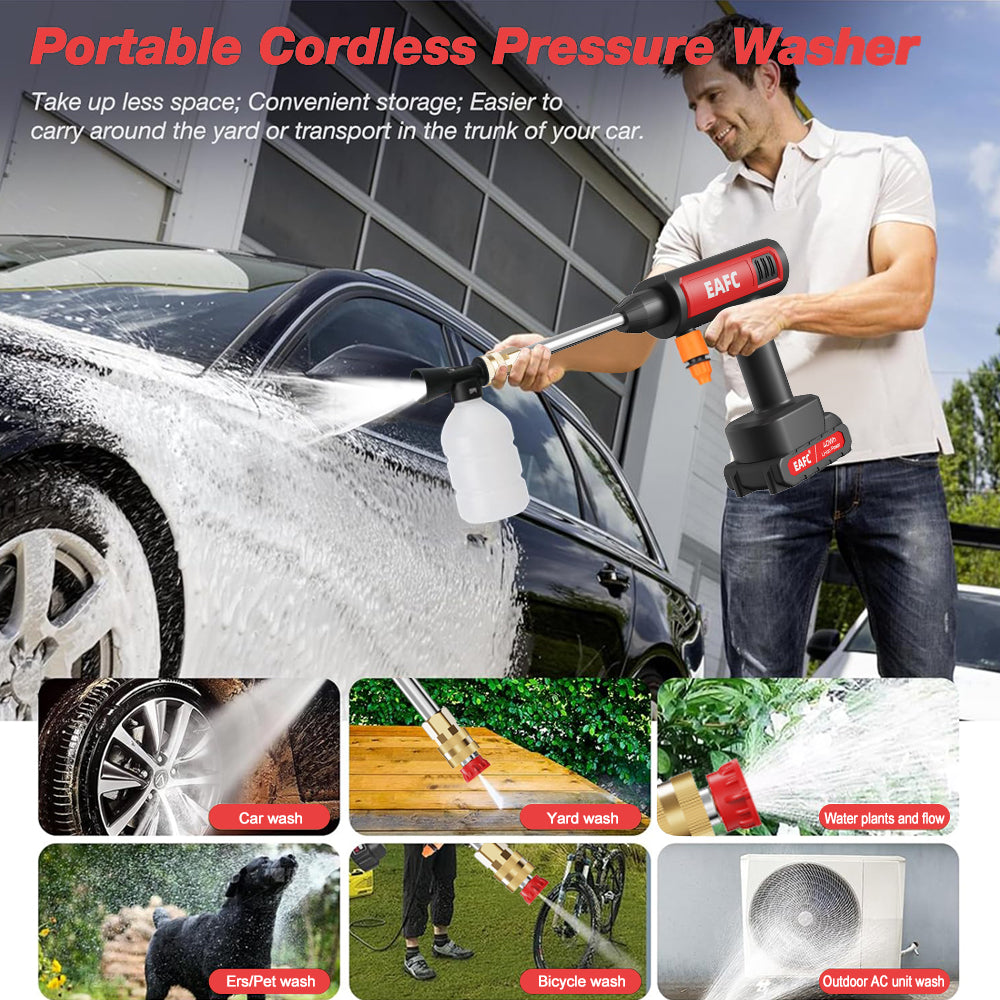 EAFC Nettoyeur haute pression sans fil portable, pistolet à eau électrique à batterie extra-grande capacité avec pulvérisateur de mousse