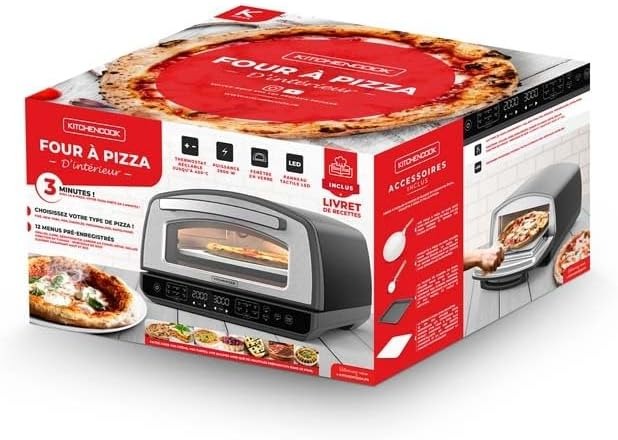 KitchenCook - Four à pizza - 2000 W - Jusqu'à 450 °C - 12 programmes - Plaque de cuisson en acier inoxydable émaillée, pelle à pizza et coupe-pizza