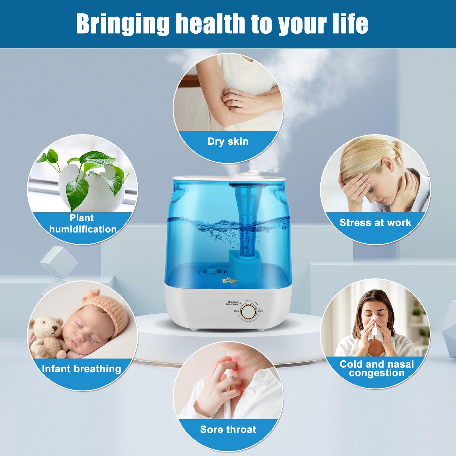 Bear 6 L Humidificateur à Remplissage par le Haut, 28 dB Ultra Silencieux pour Bébés et Plantes, 35 Heures d'Autonomie, avec Plateau d'Aromathérapie, Buse de Vapeur Extensible à 360°