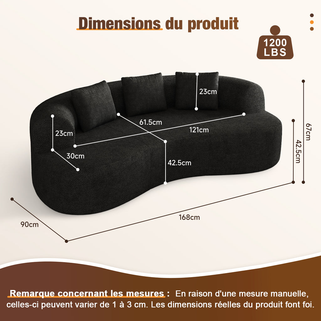 GTIMEX Canapé 2 places, Canapé modulable en chenille, 168 x 90 x 67 cm, Capacité de charge statique : 270 kg, Aucun assemblage requis, Canapé sans armatures, Canapé rembourré au design incurvé avec 3 coussins décoratifs pour salon et petits apparteme