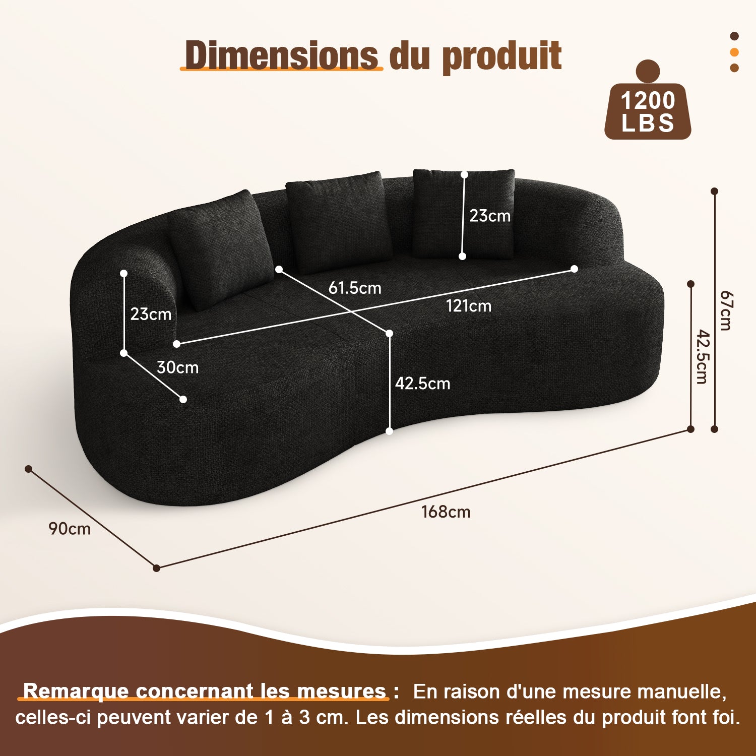GTIMEX Canapé 2 places, Canapé modulable en chenille, 168 x 90 x 67 cm, Capacité de charge statique : 270 kg, Aucun assemblage requis, Canapé sans armatures, Canapé rembourré au design incurvé avec 3 coussins décoratifs pour salon et petits apparteme