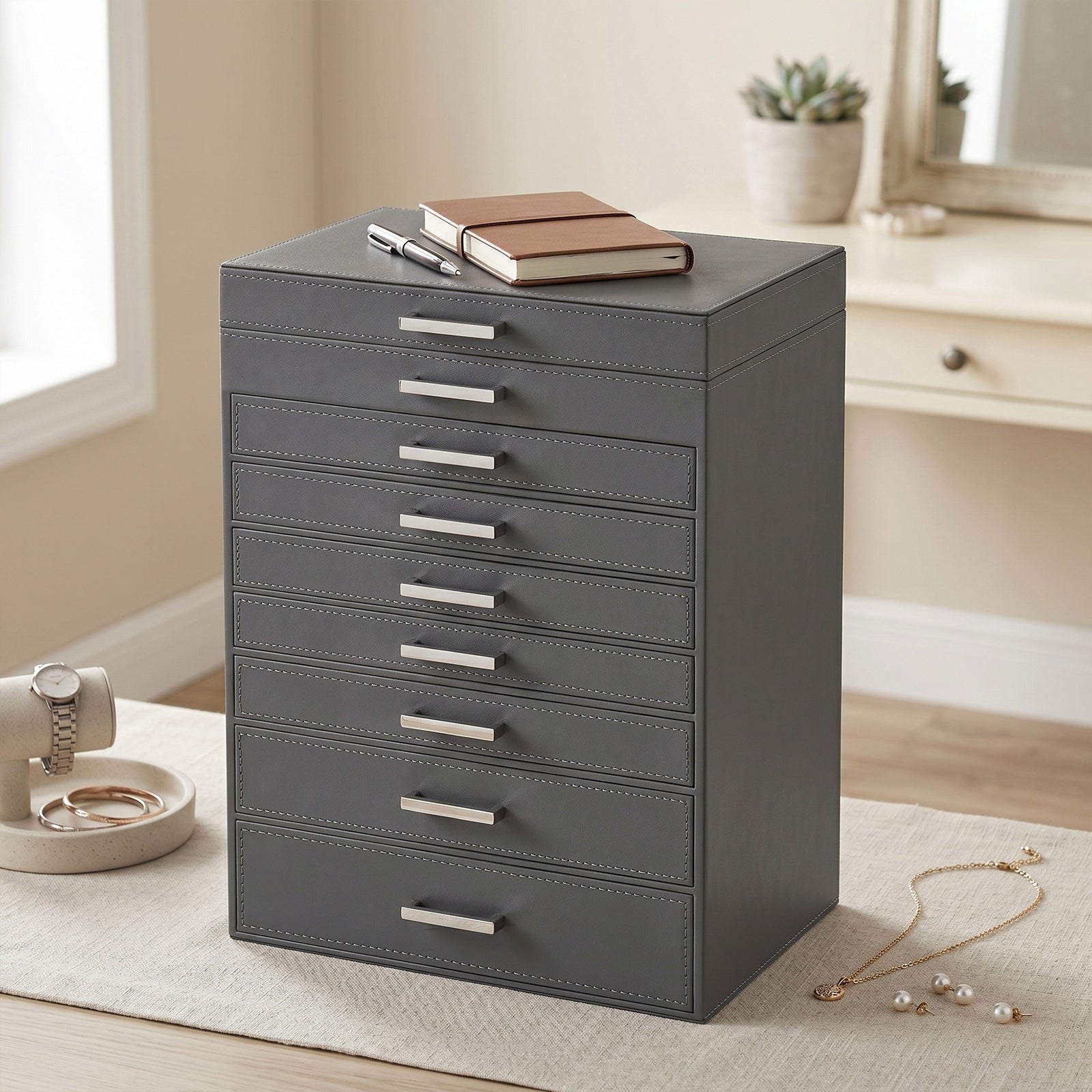 JOYFURNOS Grand Organisateur de Bijoux, Boîte à Bijoux à 8 Niveaux avec Miroir, 7 Tiroirs, Étui de Rangement Moderne, Idée Cadeau, Gris Foncé