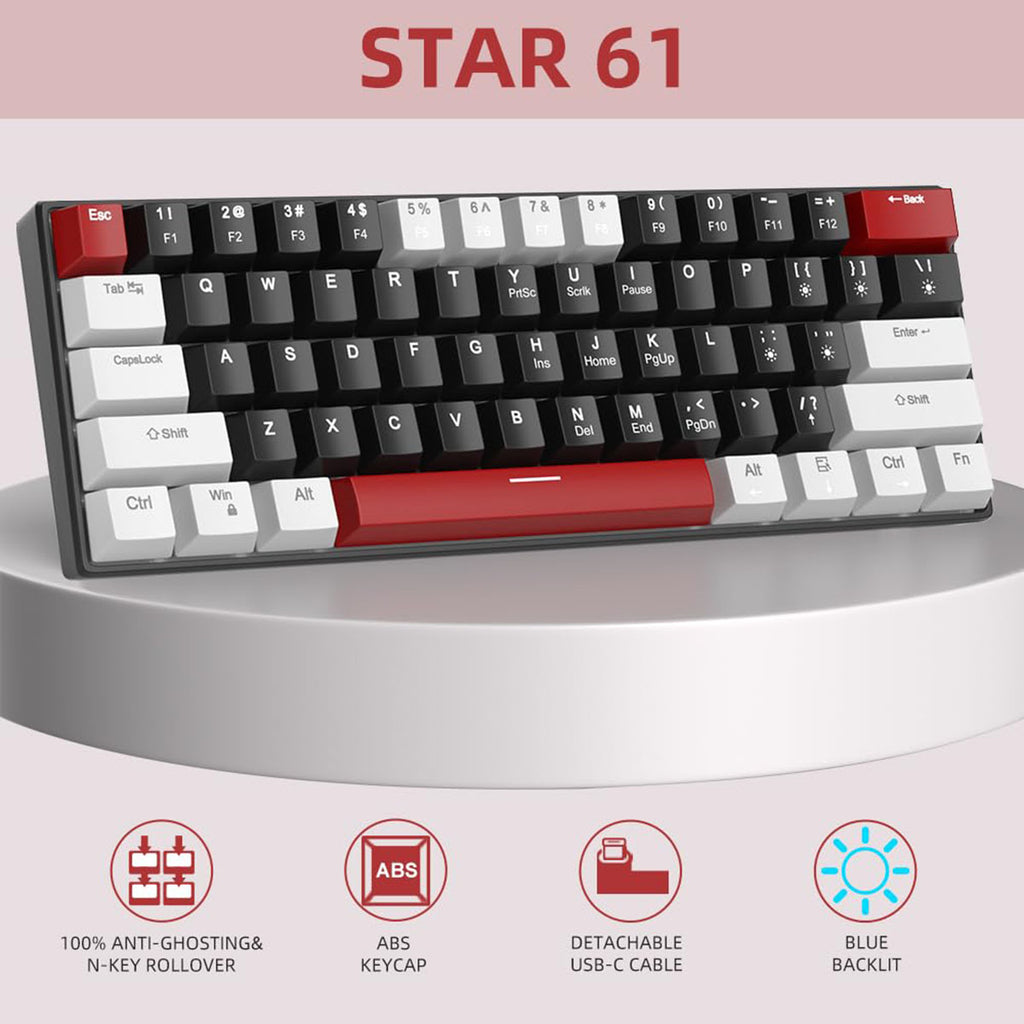 MageGee STAR 61 Clavier gaming filaire 60 % QWERTY US, clavier compact filaire à rétroéclairage LED bleu avec câble USB Type-C détachable
