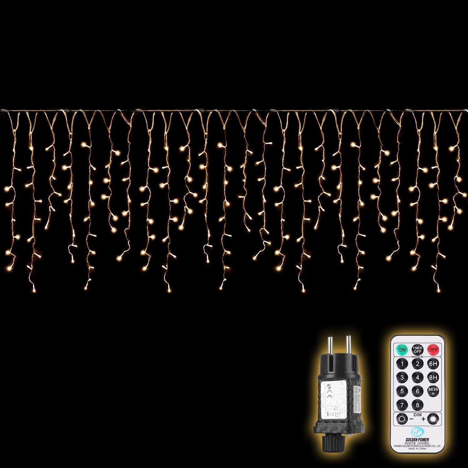 SALCAR Guirlande lumineuse extérieure 5M 200 LED rideau de stalactites avec télécommande, 8 modes, IP44, étanche - Blanc chaud