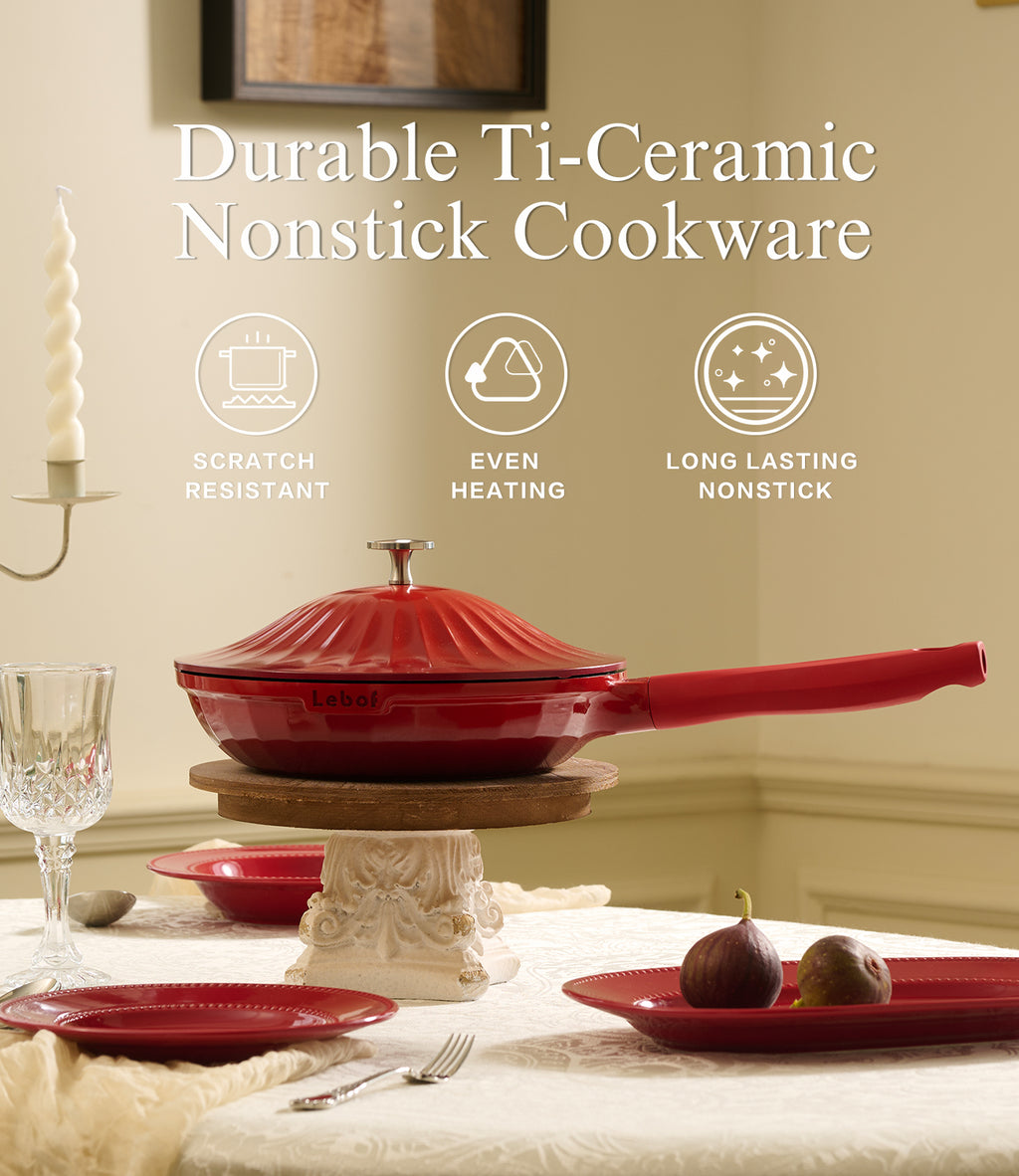 USELUCK Lebof Batterie de cuisine en céramique antiadhésive 7 pièces Casseroles et poêles en aluminium moulé titane avec couvercles Non toxique Sans PFAS Compatible tous feux Blanc perle
